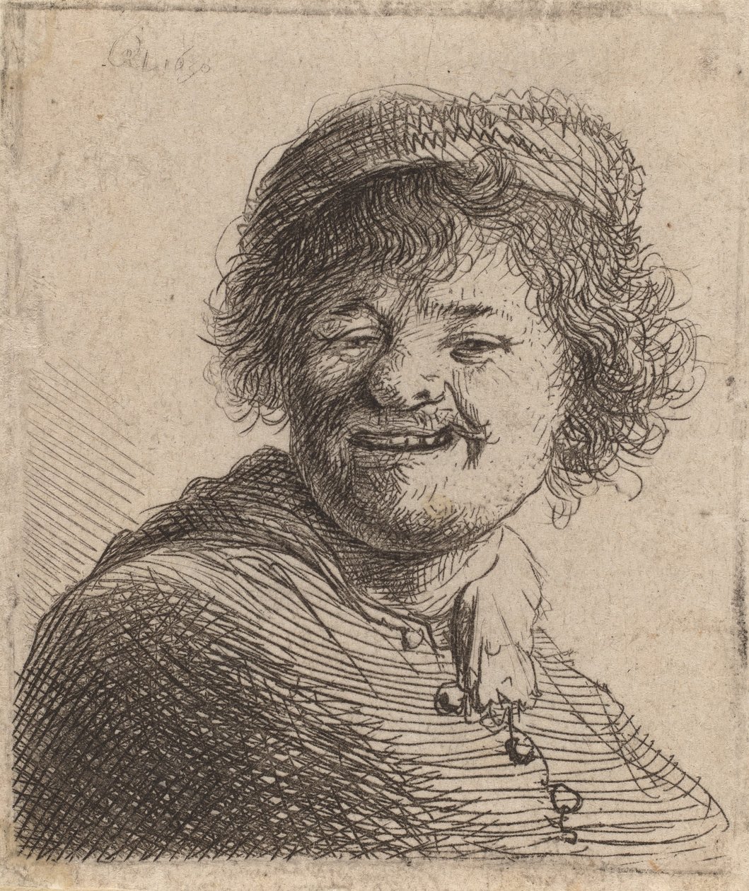 Autoportret w czapce Śmiejąc się, 1630 autorstwa Rembrandt van Rijn