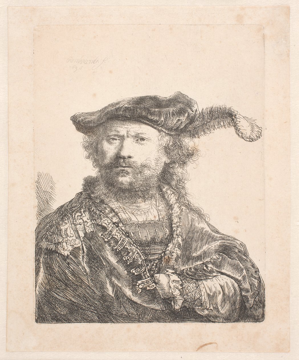 Autoportret w aksamitnej czapce i piórze, z haftowaną sukienką: biust autorstwa Rembrandt van Rijn
