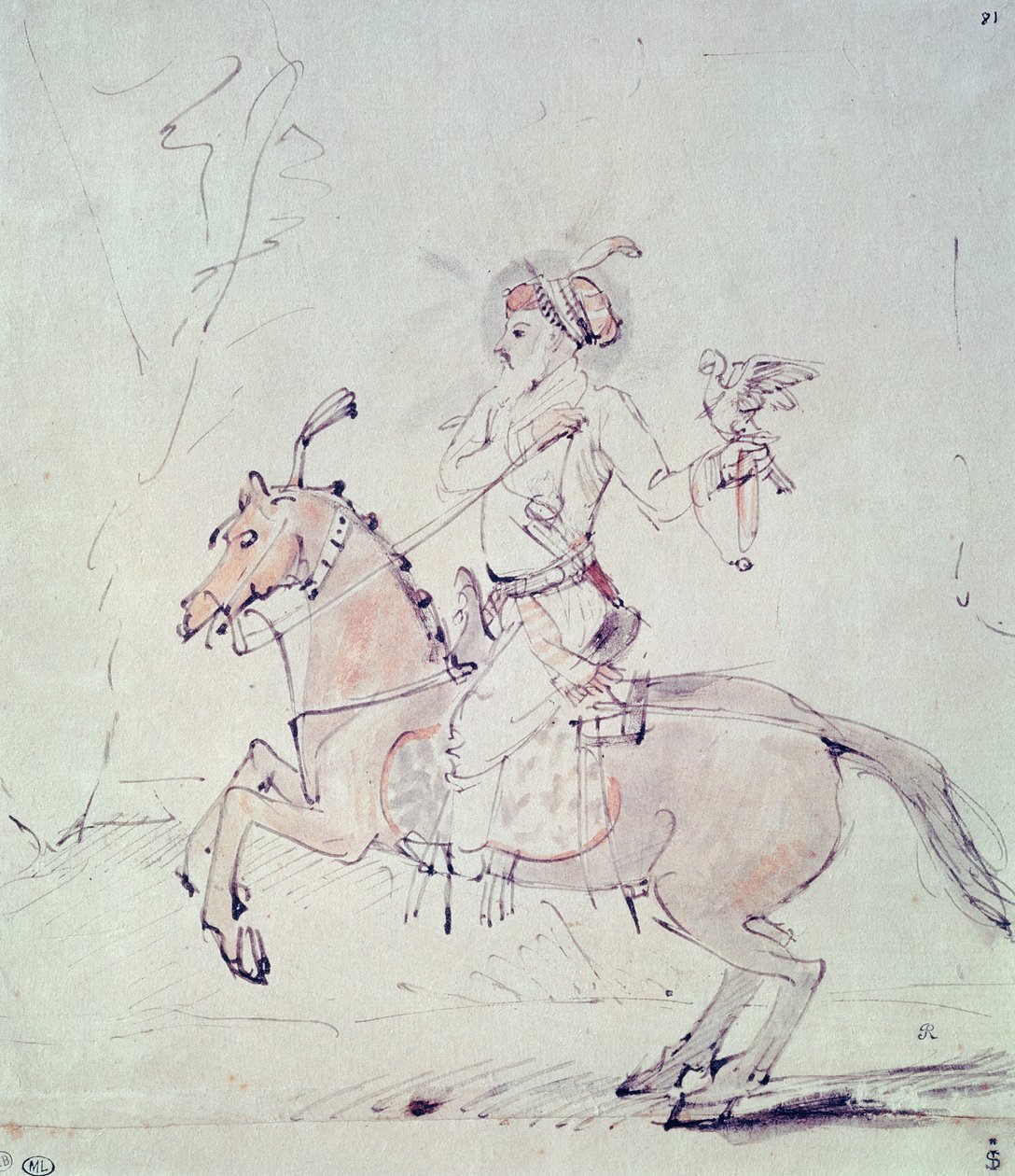 Shah Jehan z sokołem na koniu (pióro, tusz i wc na papierze) autorstwa Rembrandt van Rijn