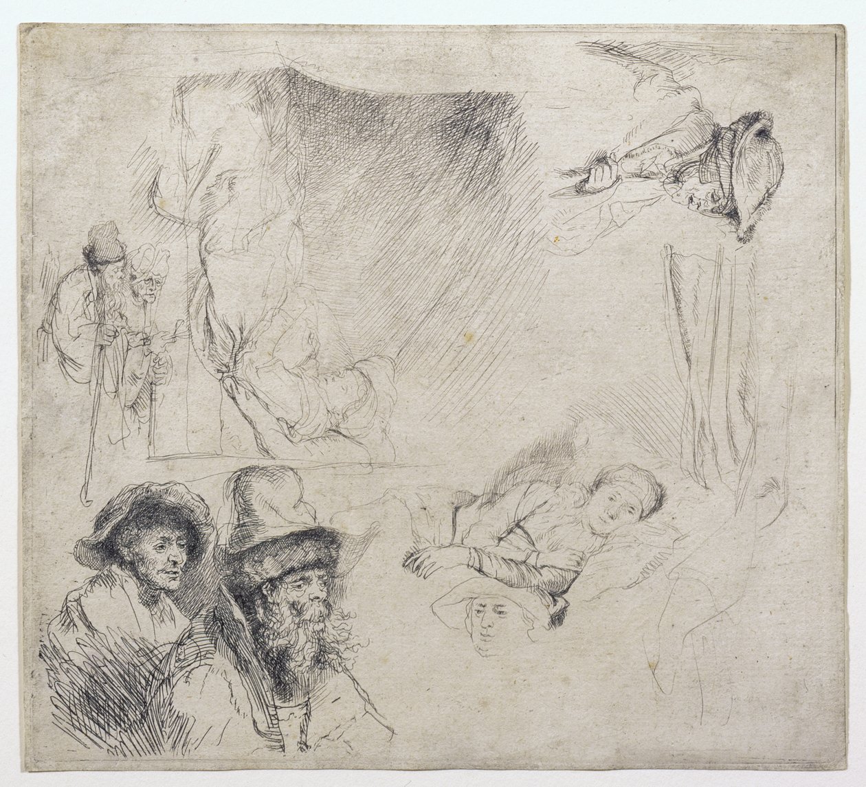 Arkusz studiów (z kobietą leżącą chorą w łóżku) autorstwa Rembrandt van Rijn