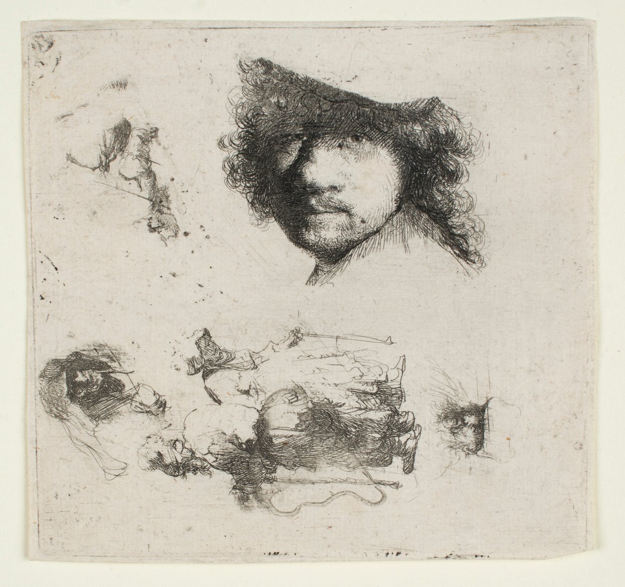 Zbiór studiów: Głowa artysty, para żebraków, głowy starca i staruszki itp. autorstwa Rembrandt van Rijn
