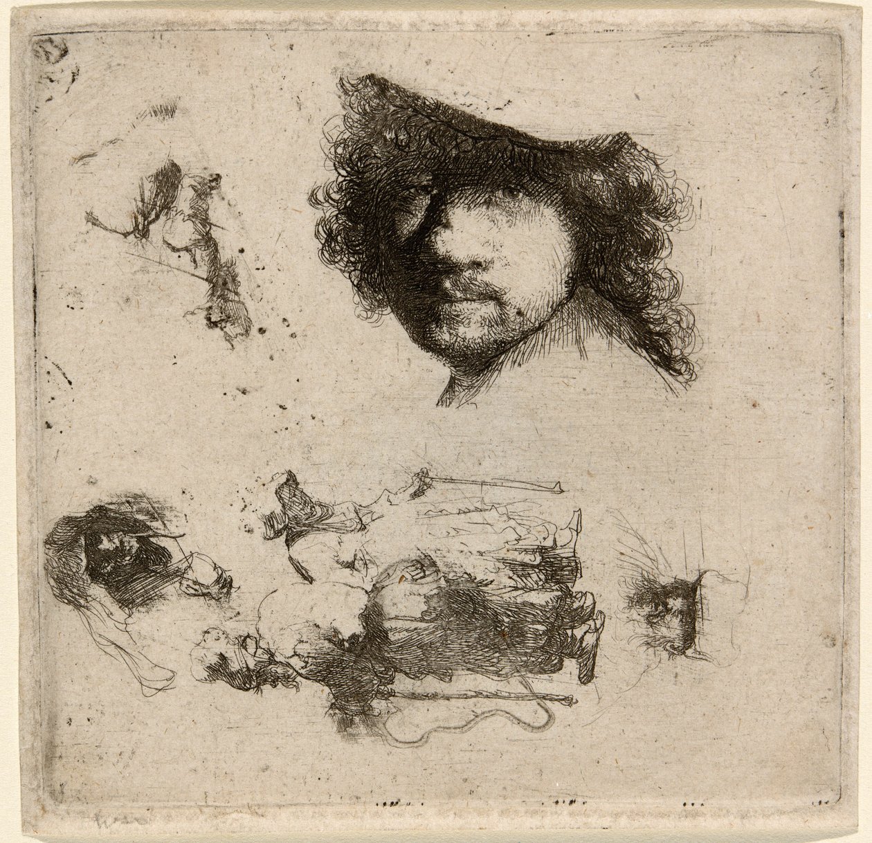 Arkusz studiów: głowa artysty, para żebraków, głowy starca i staruszki itp. autorstwa Rembrandt van Rijn