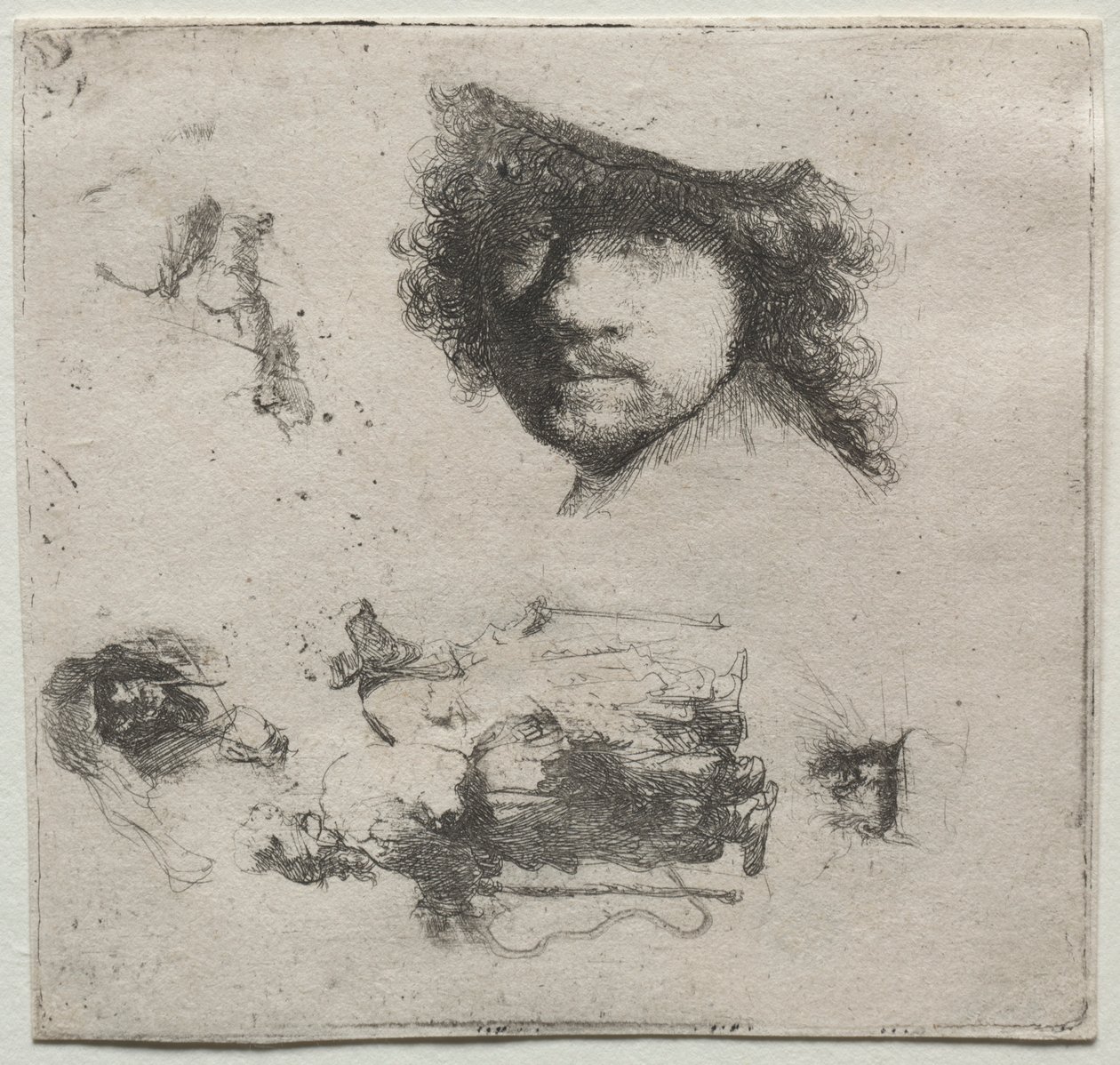 Arkusz studiów: Autoportret, para żebraków itp., ok. 1930 1632. autorstwa Rembrandt van Rijn