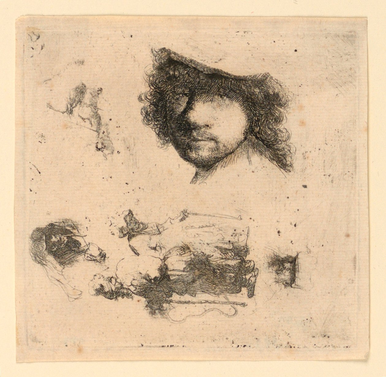 Arkusz studiów: autoportret, para żebraków, głowy starca i staruszki itp. autorstwa Rembrandt van Rijn