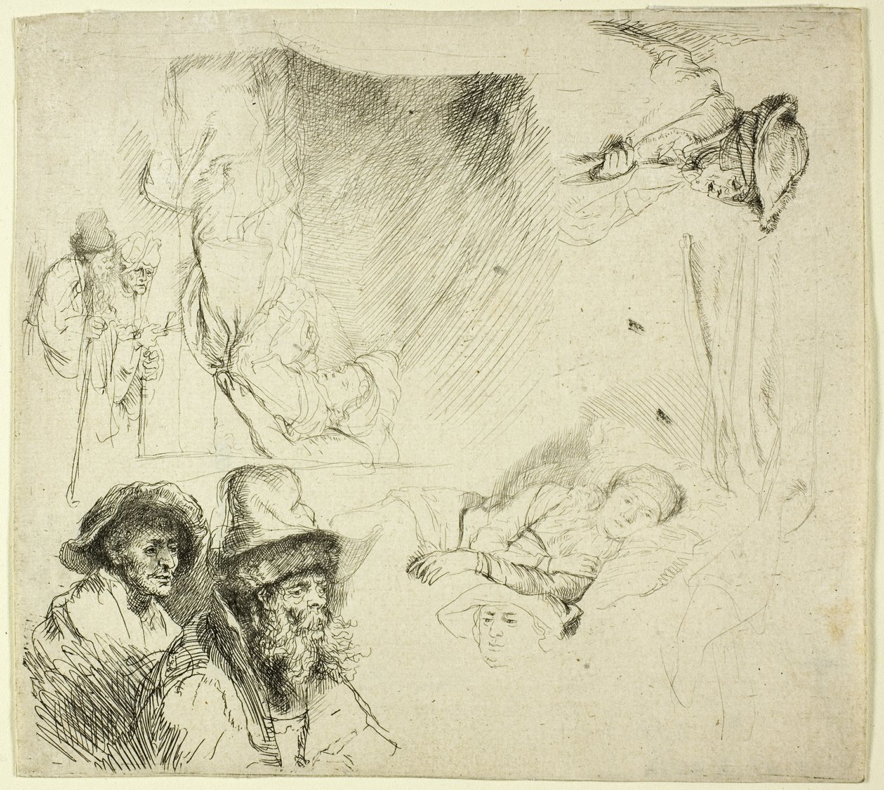 Arkusz studiów z kobietą leżącą chorą w łóżku autorstwa Rembrandt van Rijn