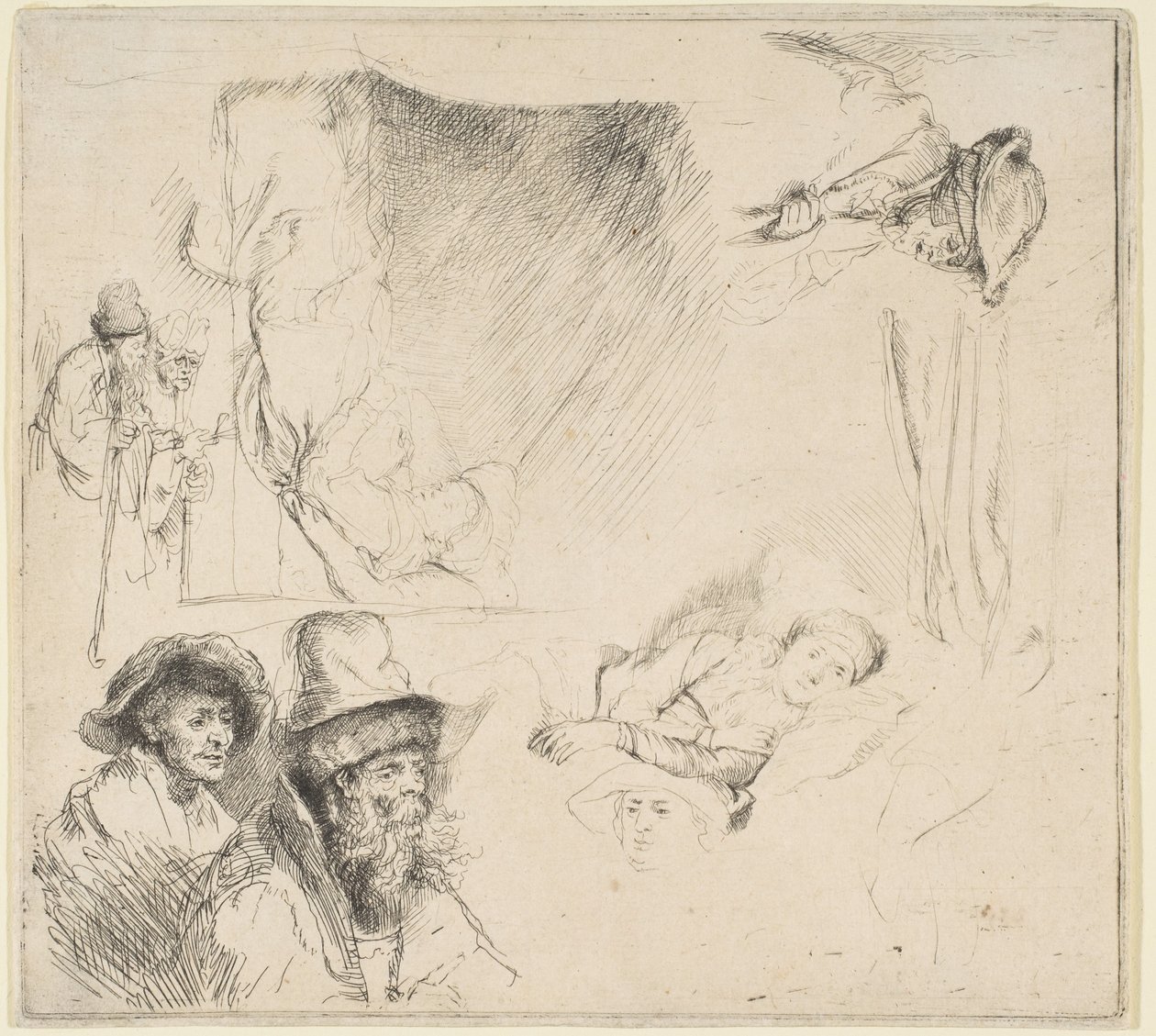 Arkusz studiów z kobietą leżącą chorą w łóżku itp., ok. godz. 164142. autorstwa Rembrandt van Rijn
