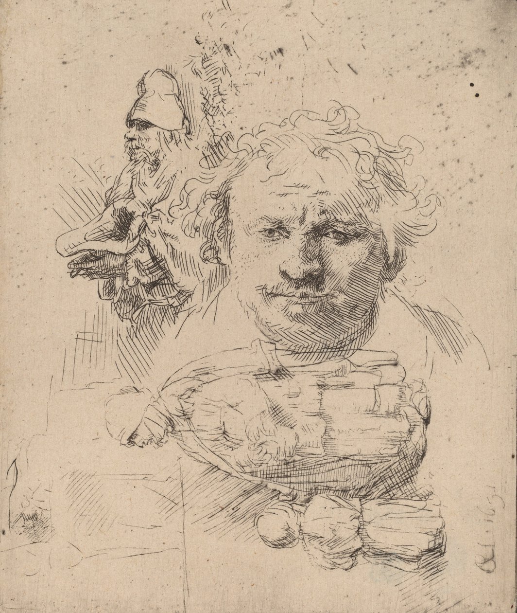 Arkusz studiów z naczelnikiem artysty, żebrakiem i kobietą z dzieckiem, 1651. autorstwa Rembrandt van Rijn