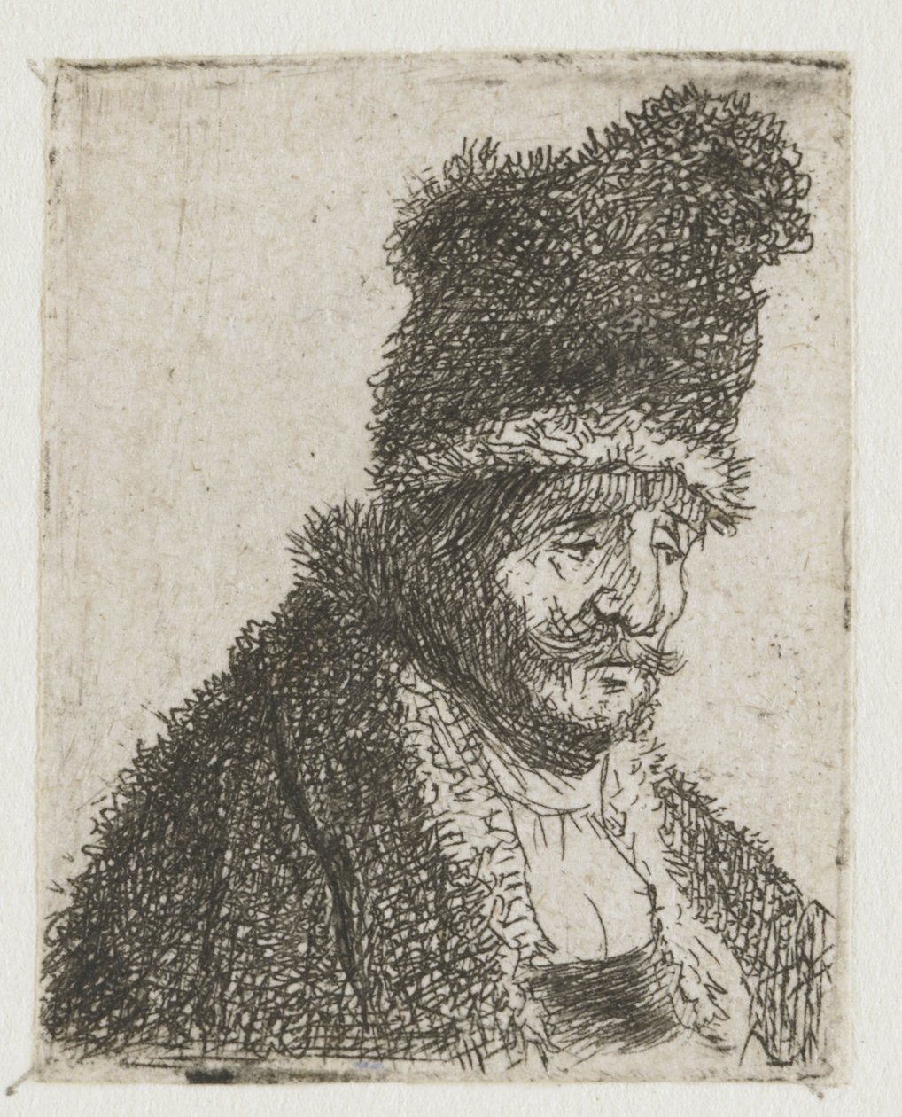 Zbiór rysunków przedstawiających głowy mężczyzn: starszy mężczyzna w futrze i wysokiej czapce autorstwa Rembrandt van Rijn