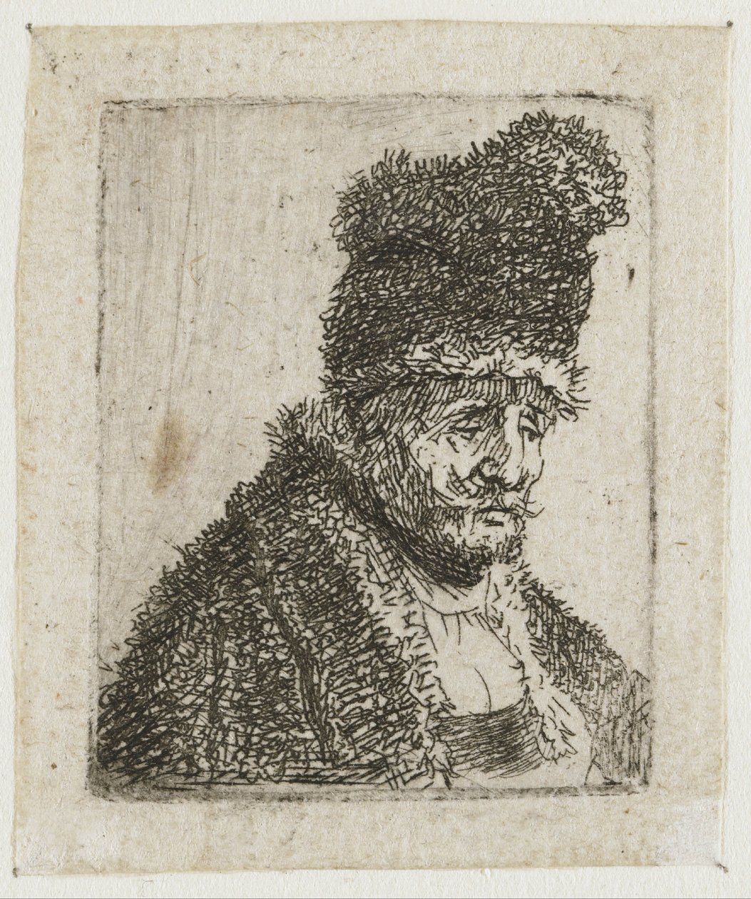 Zbiór rysunków przedstawiających głowy mężczyzn: starszy mężczyzna w futrze i wysokiej czapce autorstwa Rembrandt van Rijn