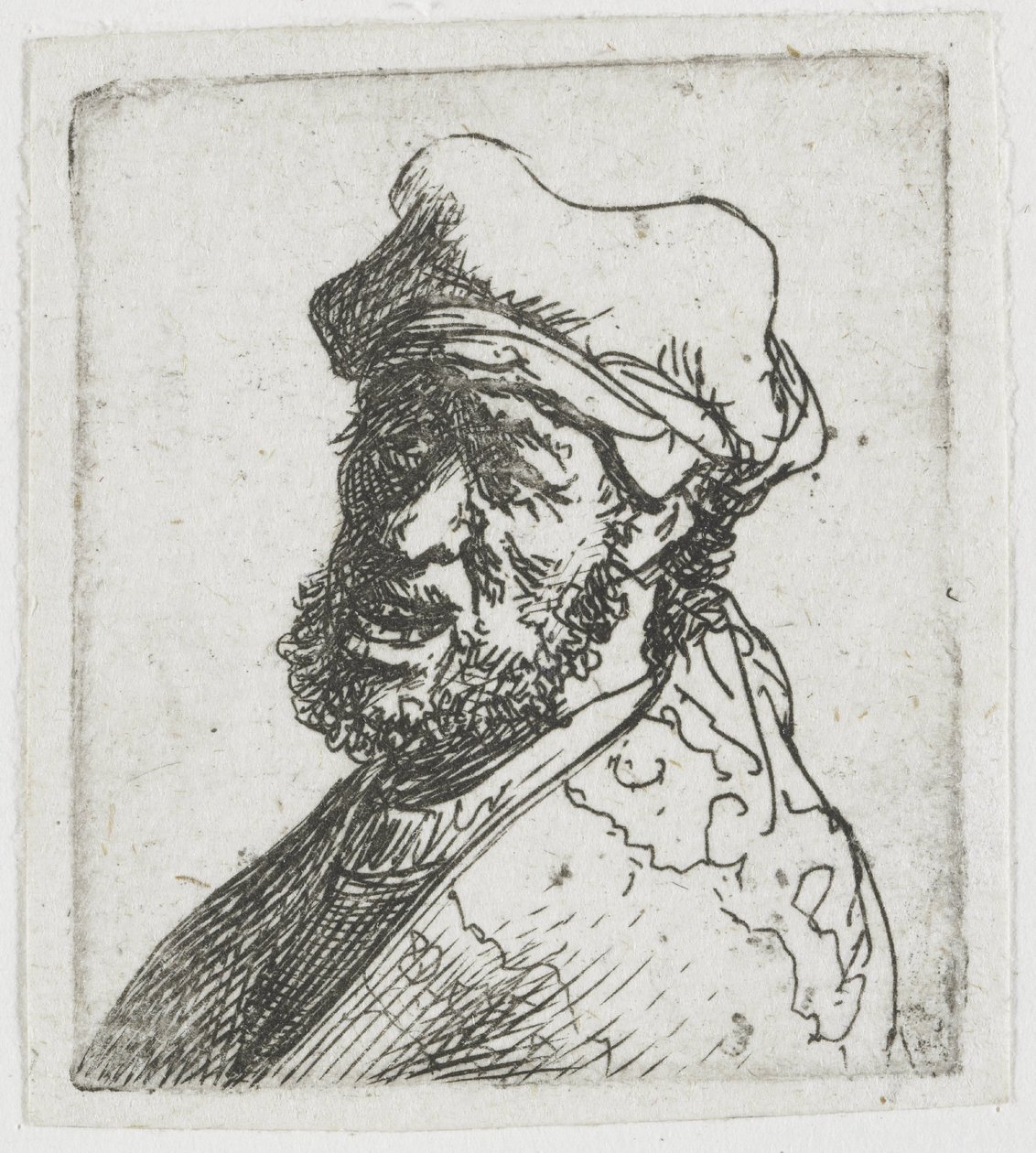 Zbiór rysunków przedstawiających głowy mężczyzn: mężczyzna krzyczący, ujęcie z lewej strony w trzech czwartych: popiersie autorstwa Rembrandt van Rijn