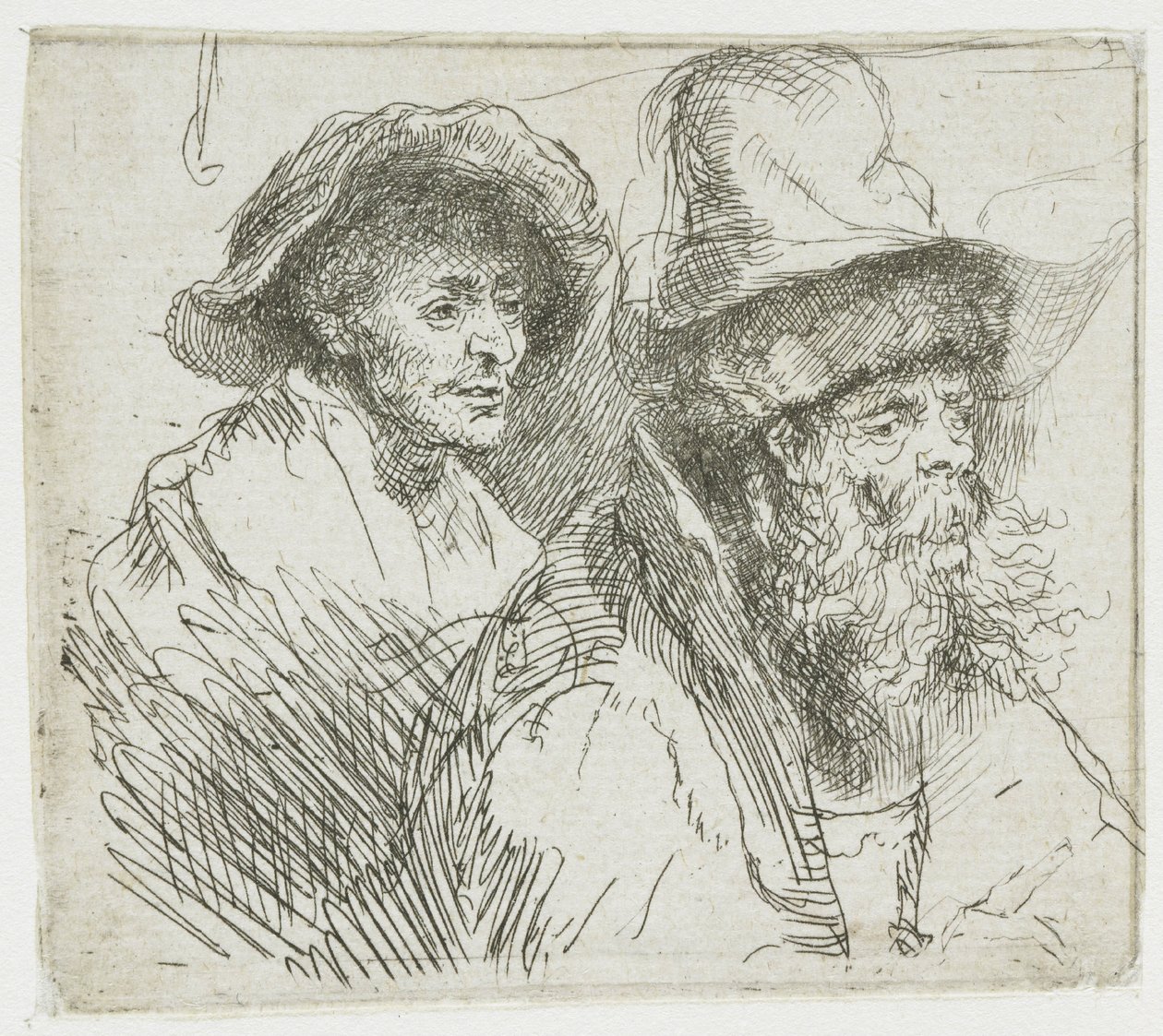Arkusz z rysunkami przedstawiający kobietę leżącą chorą w łóżku: popiersia dwóch postaci męskich autorstwa Rembrandt van Rijn