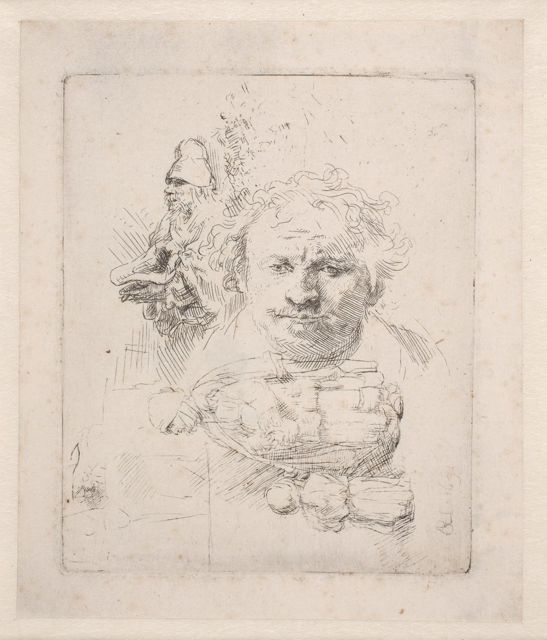 Arkusz z rysunkami przedstawiającymi głowę Rembrandta, żebraka, kobietę i dziecko autorstwa Rembrandt van Rijn