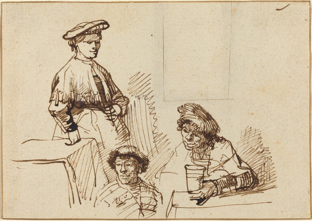 Szkice z tawerny: kobieta stojąca i dwóch siedzących mężczyzn autorstwa Rembrandt van Rijn