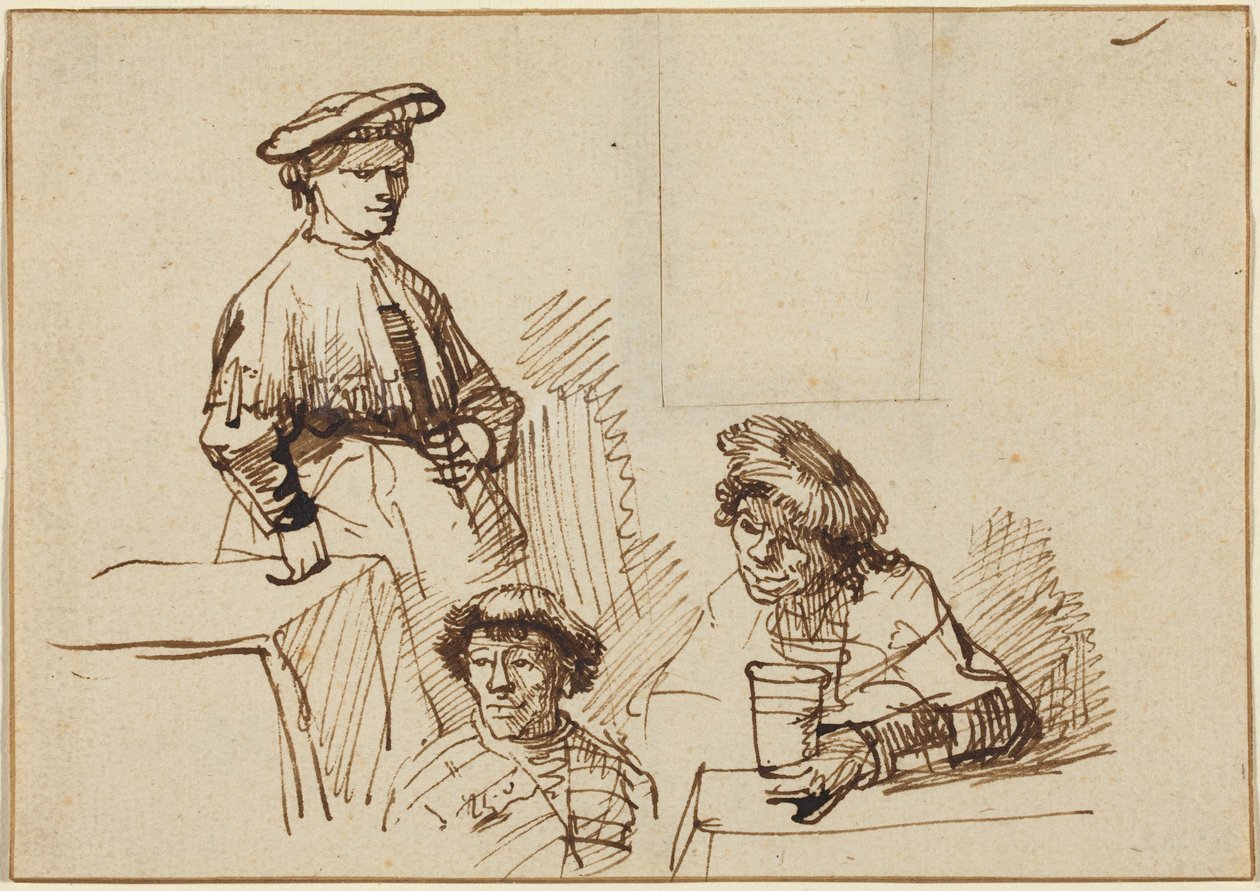 Szkice z tawerny: stojąca kobieta i dwóch siedzących mężczyzn autorstwa Rembrandt van Rijn