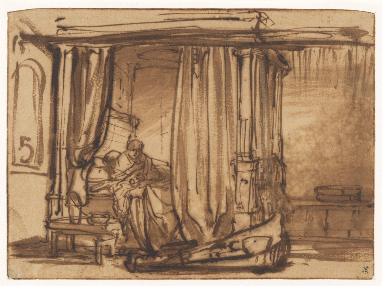 Sypialnia, w której Saskia siedzi w łóżku z baldachimem autorstwa Rembrandt van Rijn