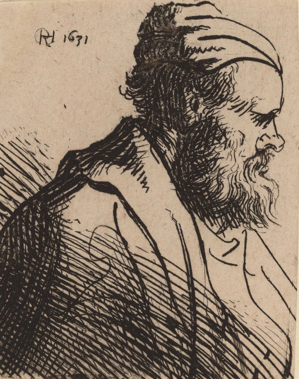 Mężczyzna z zadartym nosem w czapce, w roku 1630 lub wcześniej. autorstwa Rembrandt van Rijn