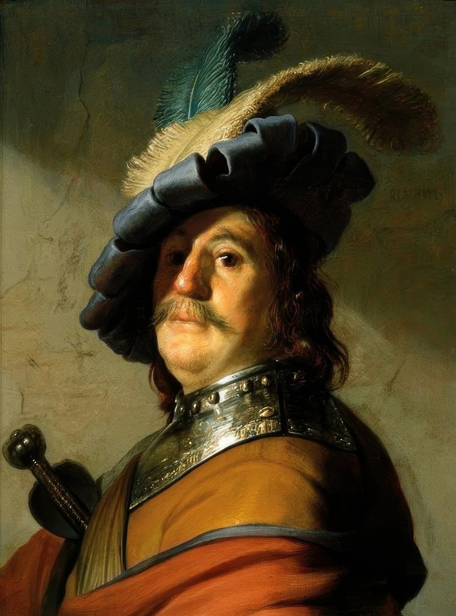 Żołnierz z żelazną obrożą i kapeluszem z piór autorstwa Rembrandt van Rijn