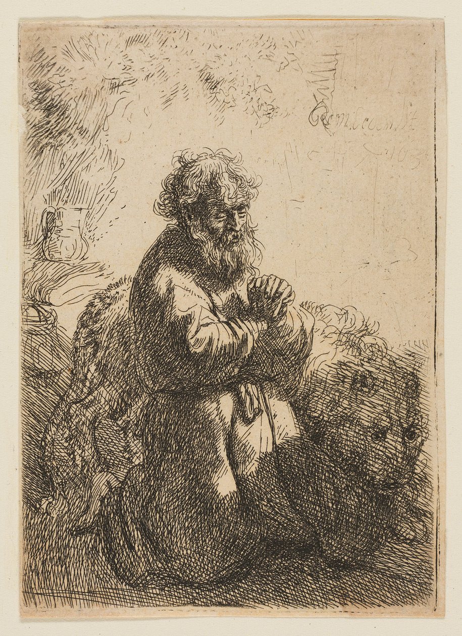 Św. Hieronim klęczący w modlitwie, patrzący w dół autorstwa Rembrandt van Rijn