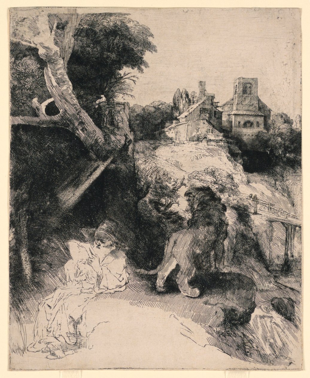 Św. Hieronim czytanie we włoskim krajobrazie autorstwa Rembrandt van Rijn