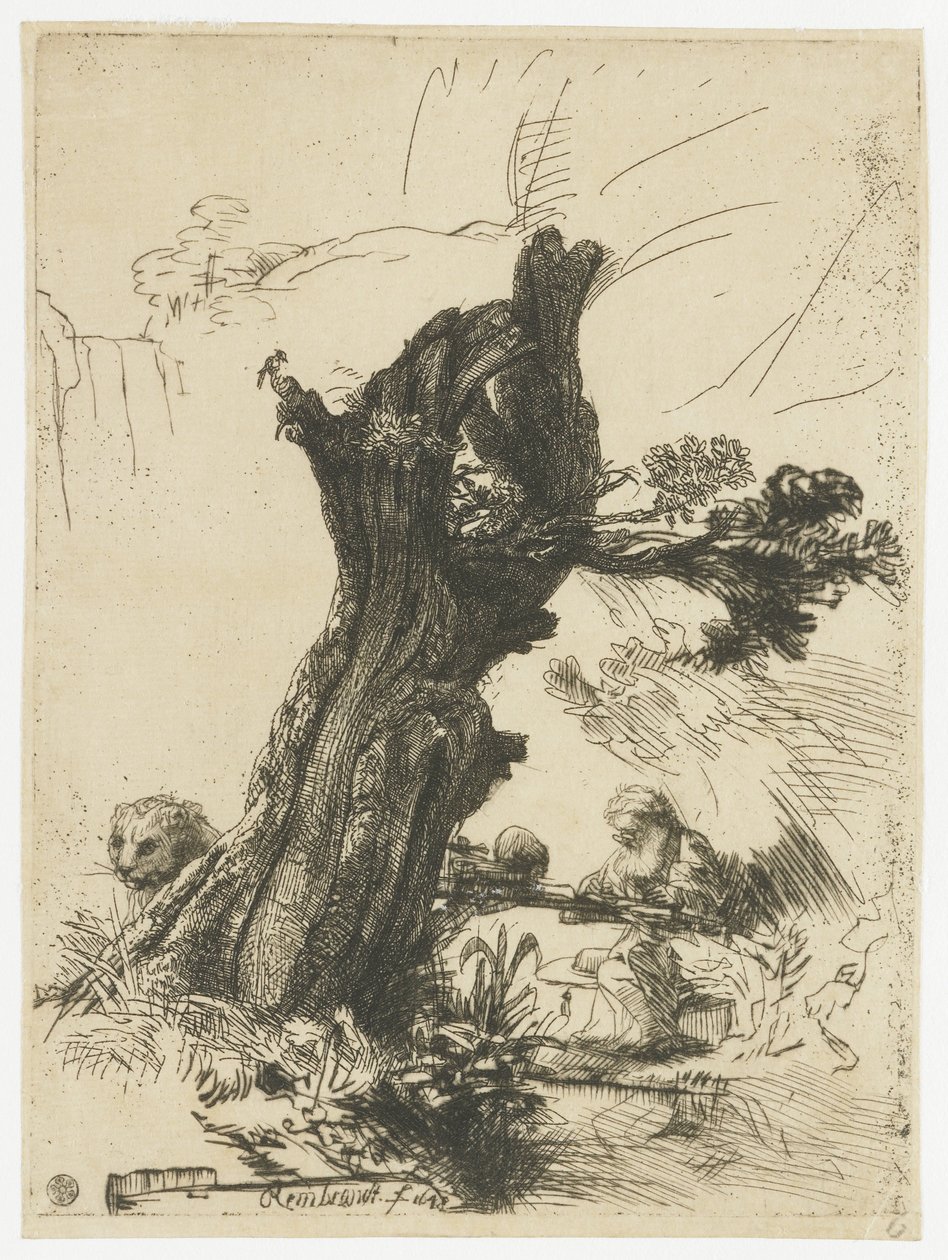 St Jerome obok wierzby ogórkowej autorstwa Rembrandt van Rijn