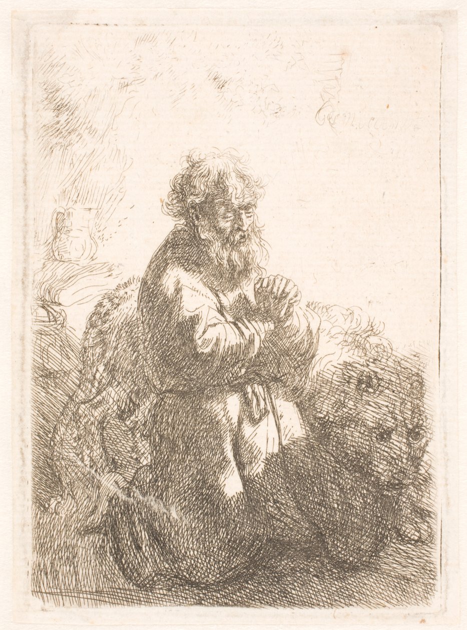 Św. Hieronim klęczący w modlitwie, spoglądający w dół autorstwa Rembrandt van Rijn