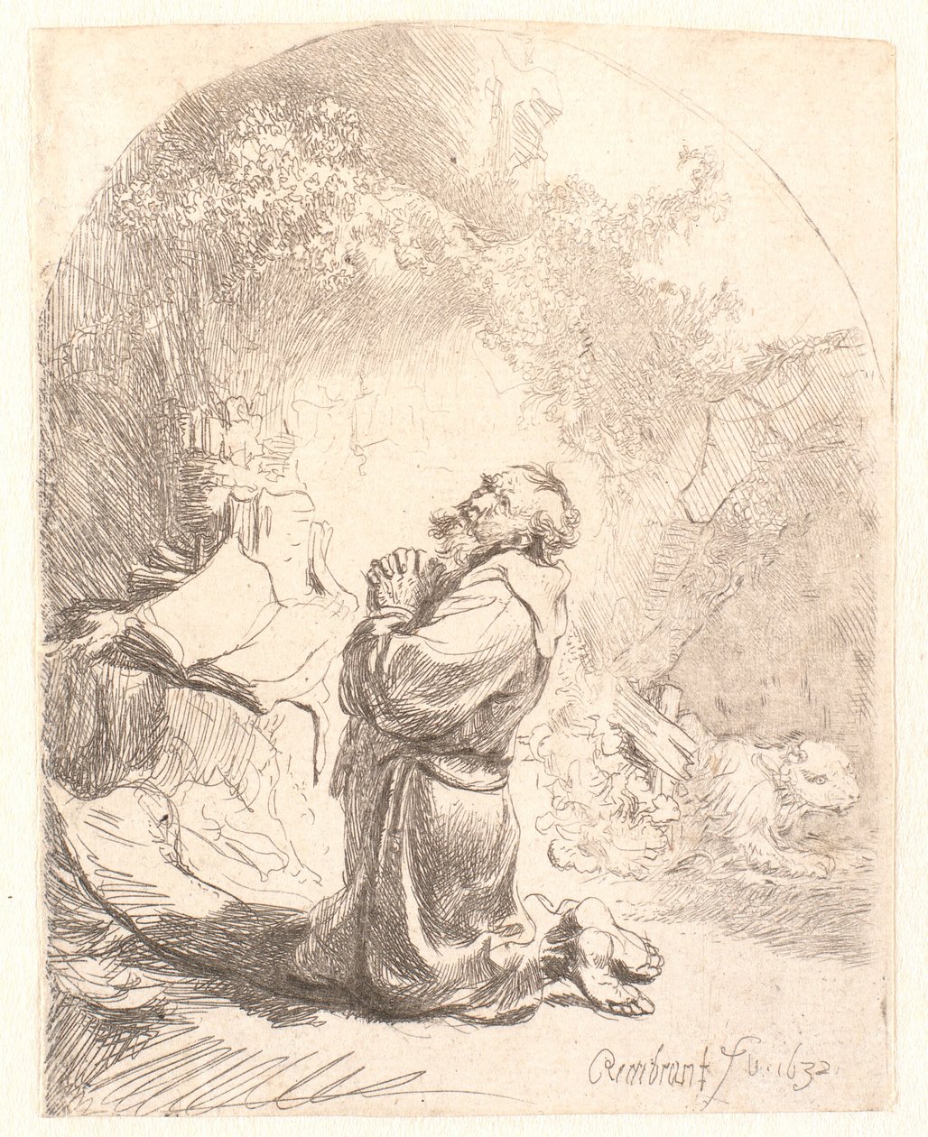 Modlitwa św. Hieronima: nadruk łukowy autorstwa Rembrandt van Rijn