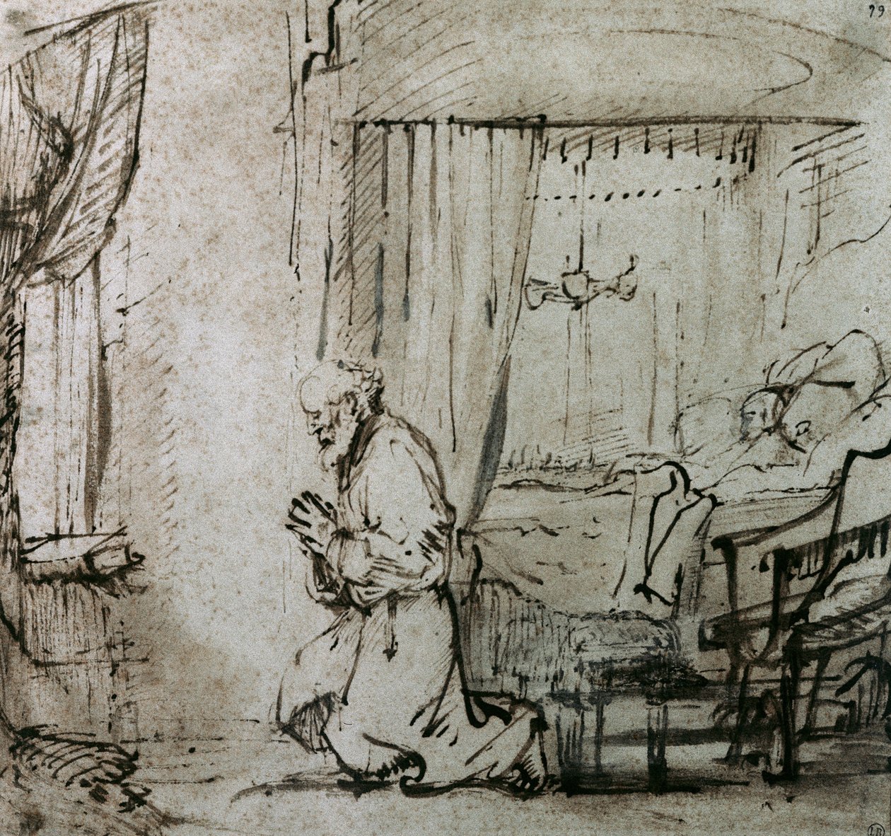 Modlitwa św. Piotra przed podniesieniem Tabity, ok. 1654-55 autorstwa Rembrandt van Rijn