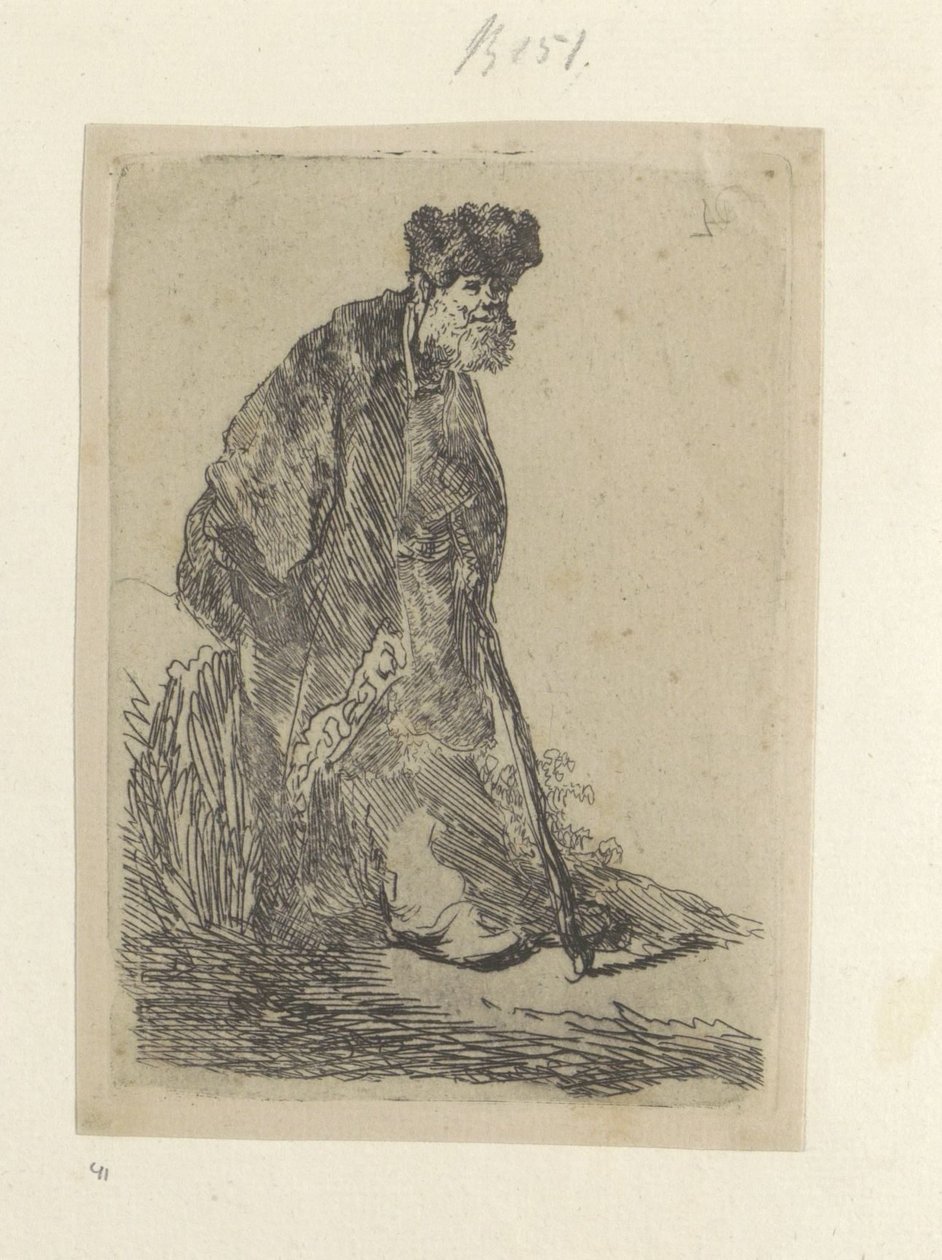 Staande man stawia een lange mantel w bontmuts Kolekcja osiemdziesięciu pięciu oryginalnych grafik (tytuł serii) autorstwa Rembrandt van Rijn