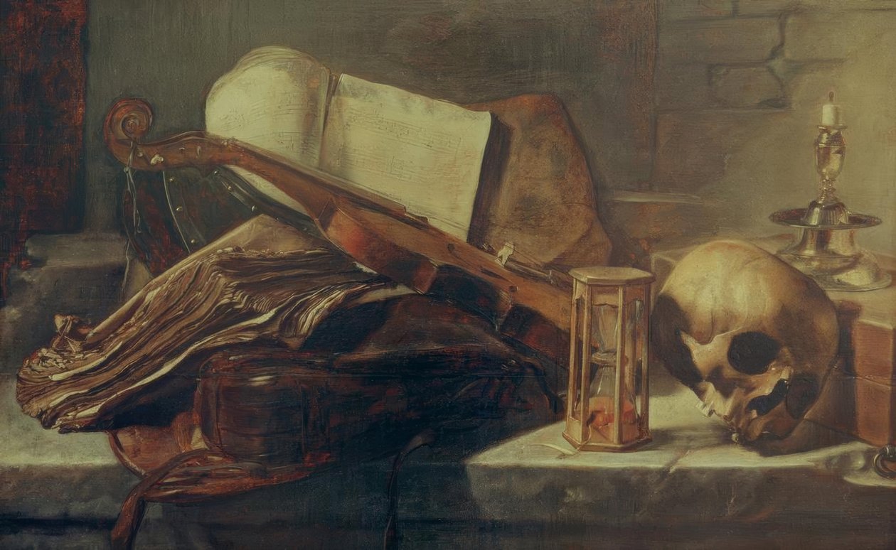 Martwa natura z książkami, skrzypcami, czaszką i klepsydrą autorstwa Rembrandt van Rijn