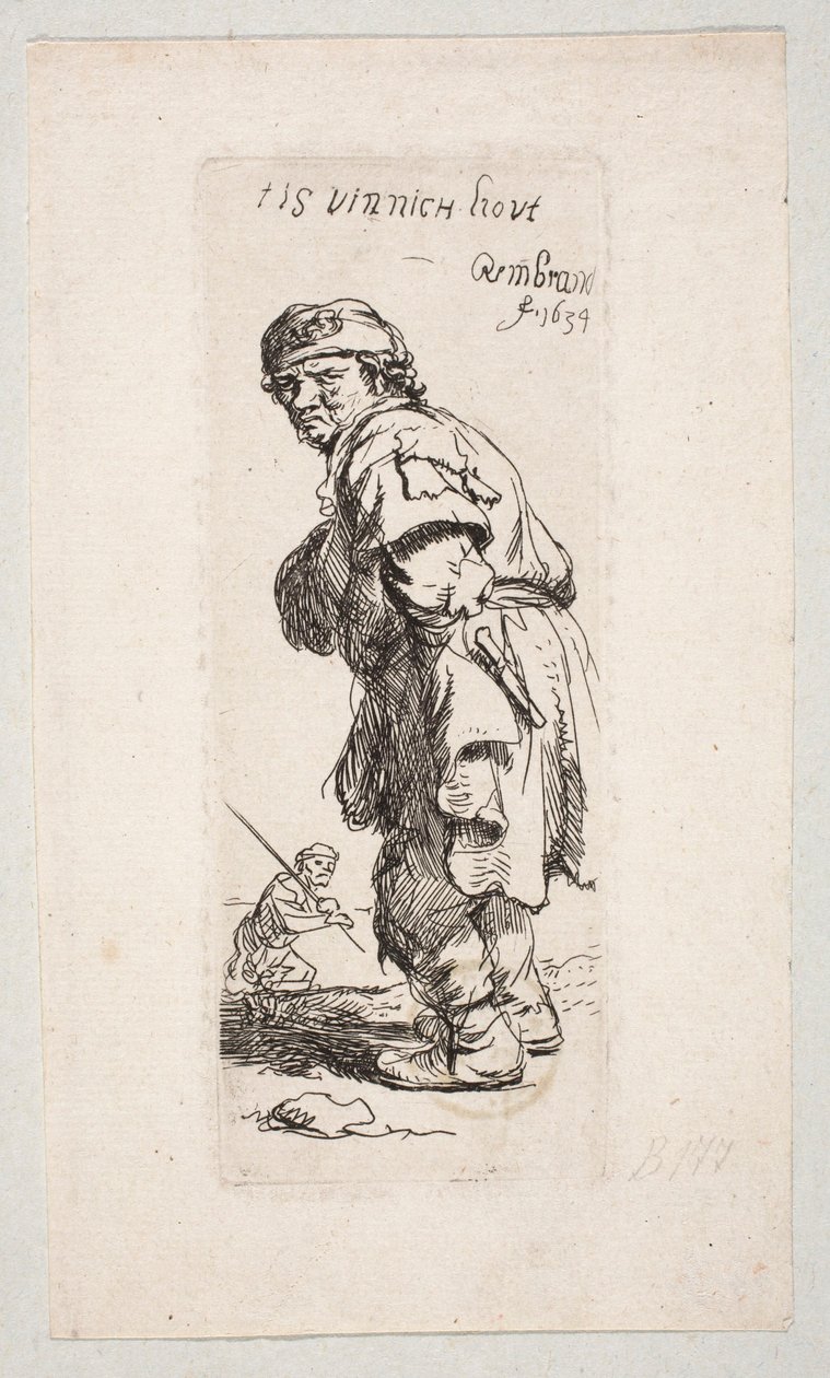 Stojący wieśniak zwrócony w lewo i postać z kijem w tle "Tis vinnich Kout" autorstwa Rembrandt van Rijn