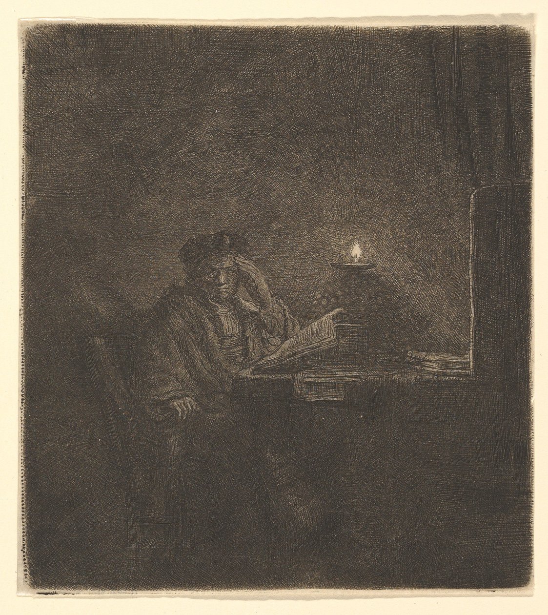 Uczeń przy stole przy świecach, ok. godz. 1642. autorstwa Rembrandt van Rijn