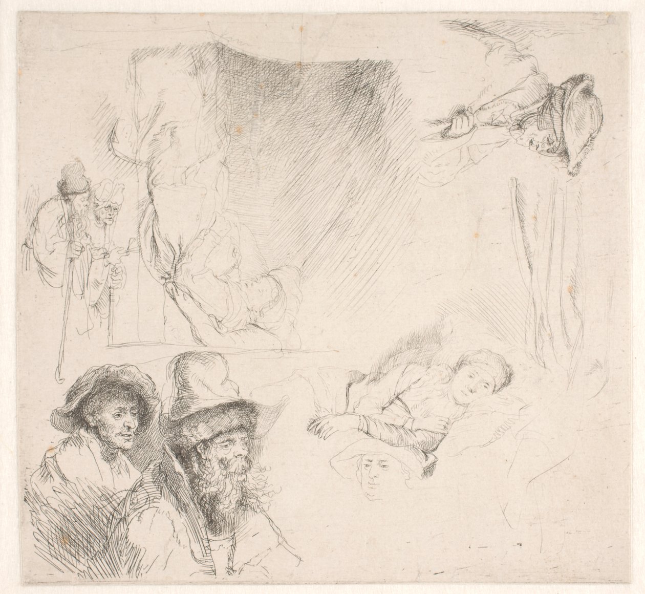 Studieblad, w tym przykuta do łóżka kobieta autorstwa Rembrandt van Rijn