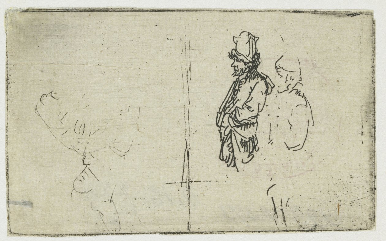 Arkusz szkicowy z dwoma rysunkami, z których jeden przedstawia dwóch rolników autorstwa Rembrandt van Rijn