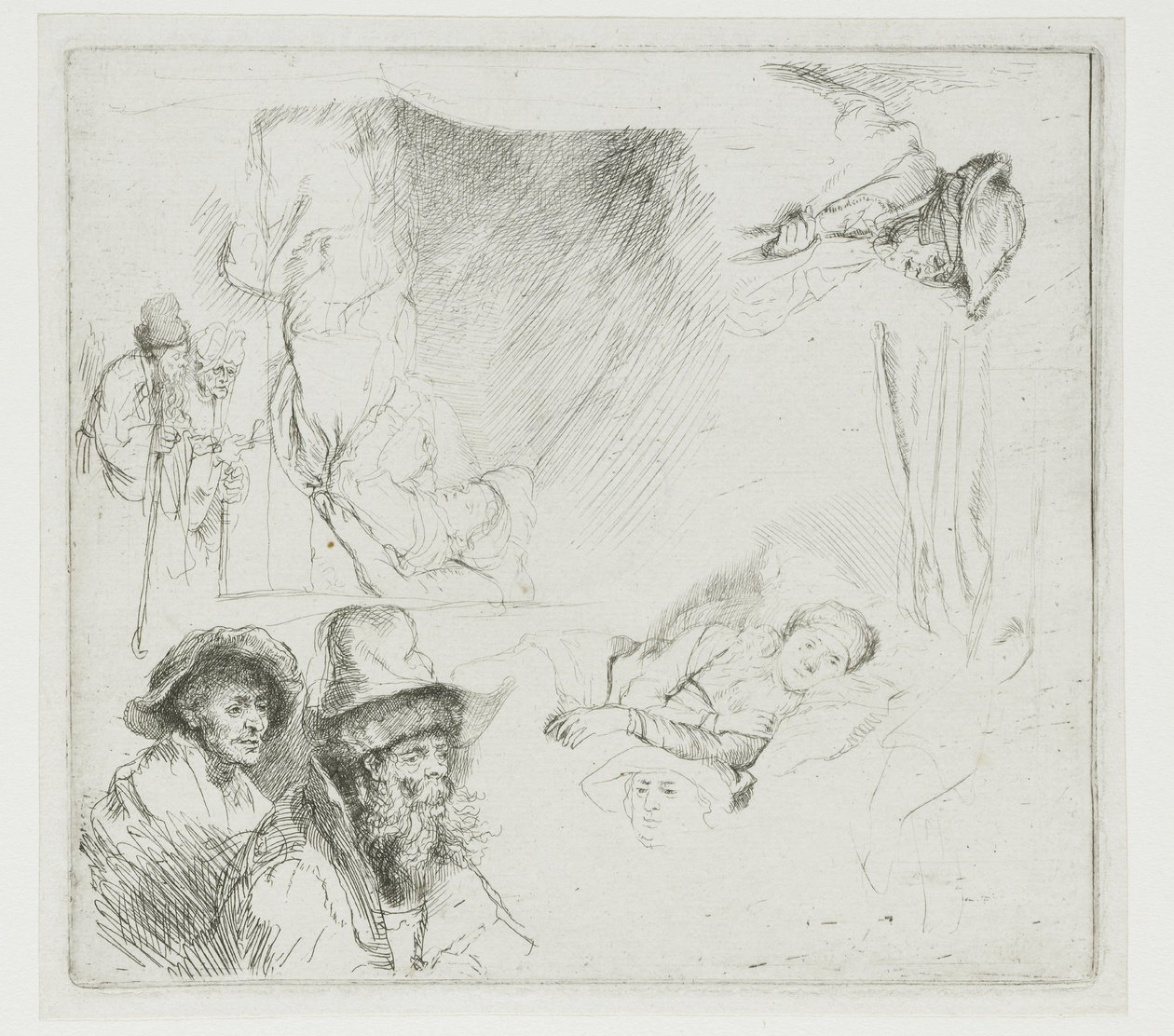 Ilustracja przedstawiająca chorą kobietę w łóżku autorstwa Rembrandt van Rijn