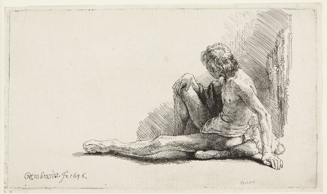 Studium z natury (Mężczyzna siedzący na ziemi) (Bartsch 196, druga z dwóch wersji; H. 221; Muntz 137 II) autorstwa Rembrandt van Rijn