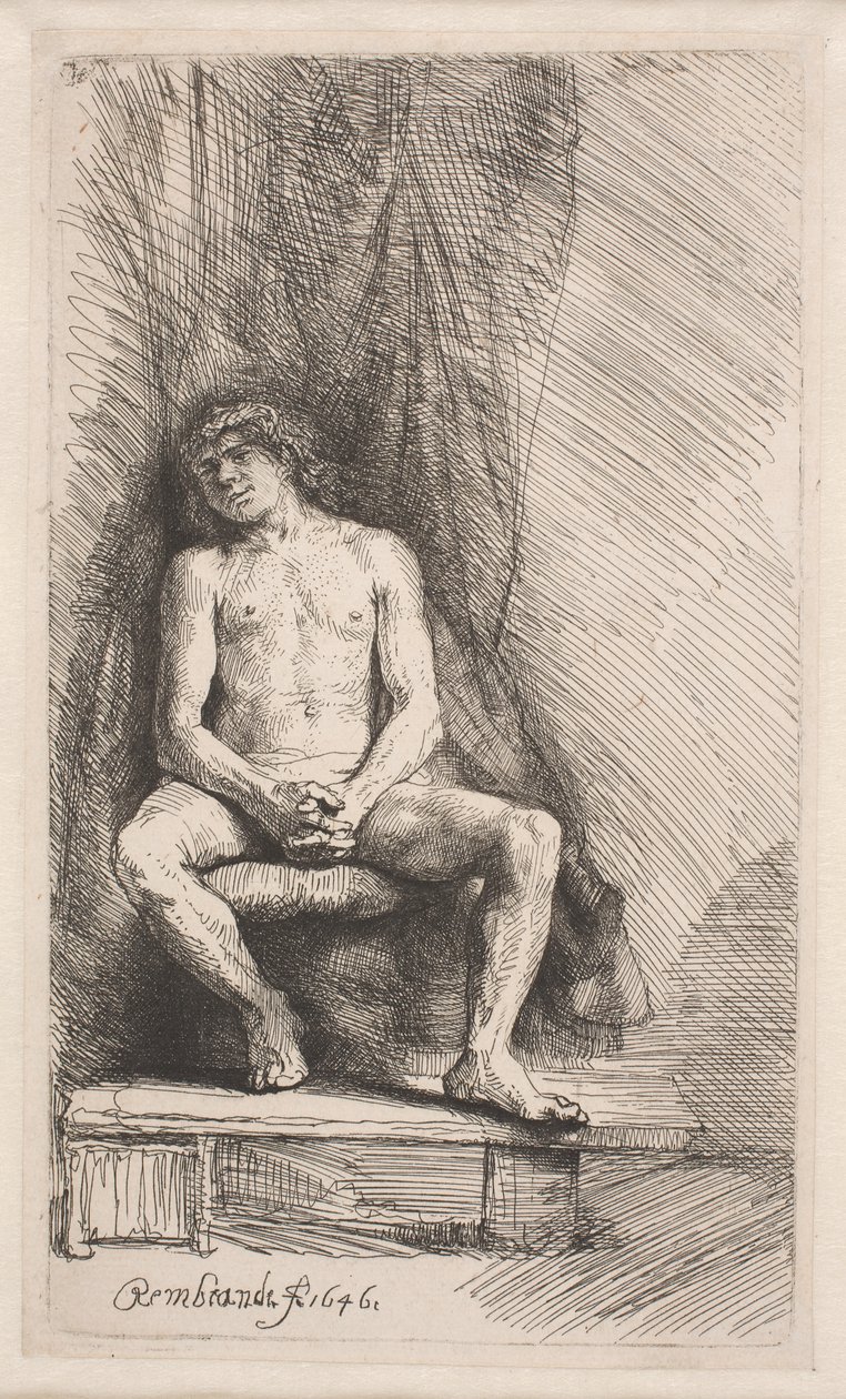 Studium z natury: mężczyzna siedzący przed zasłoną autorstwa Rembrandt van Rijn