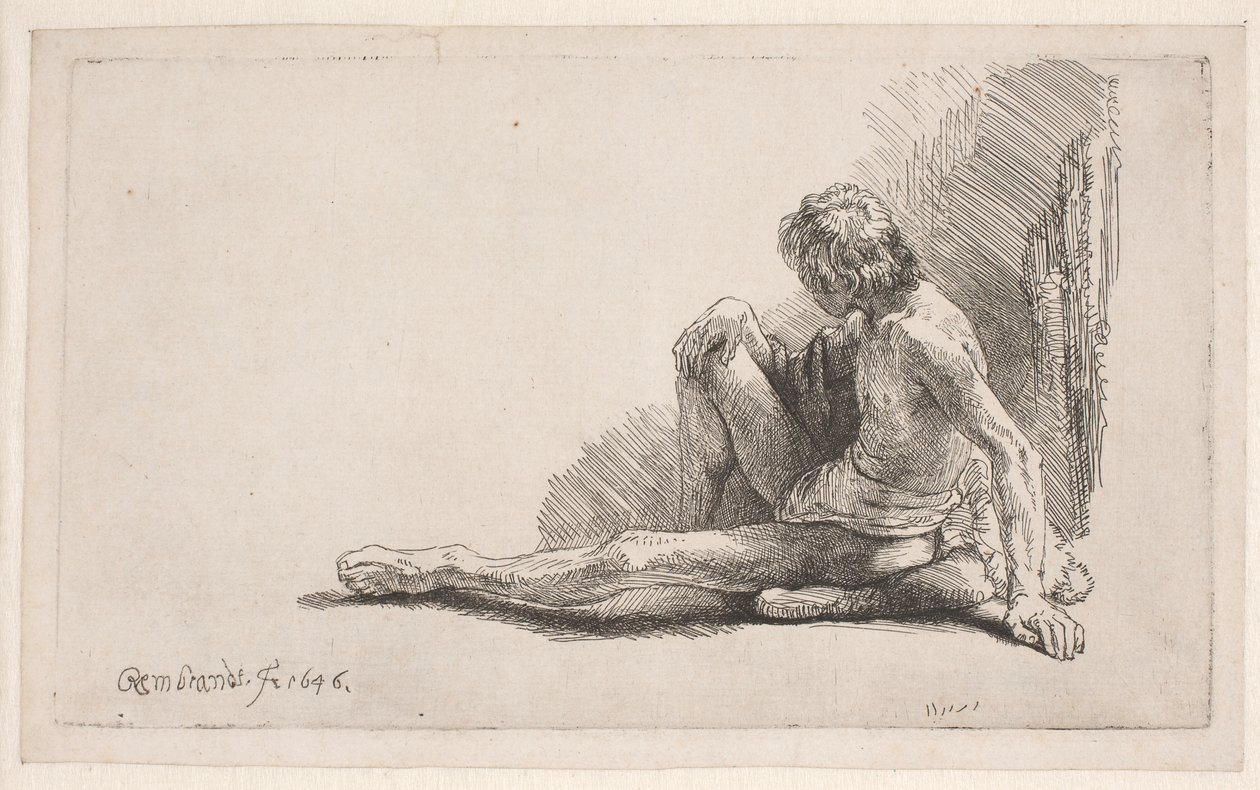Studium z natury: mężczyzna siedzący na ziemi z jedną wyprostowaną nogą autorstwa Rembrandt van Rijn