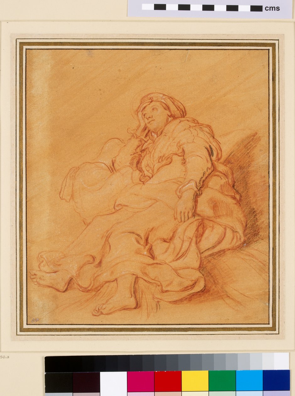 Studium postaci Racheli, ok. 1621 (czerwona kreda z kredą czarno-białą na pomarańczowym papierze preparowanym) autorstwa Rembrandt van Rijn