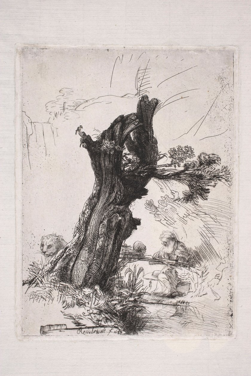 Święty Hieronim piszący przy pniu wierzby autorstwa Rembrandt van Rijn