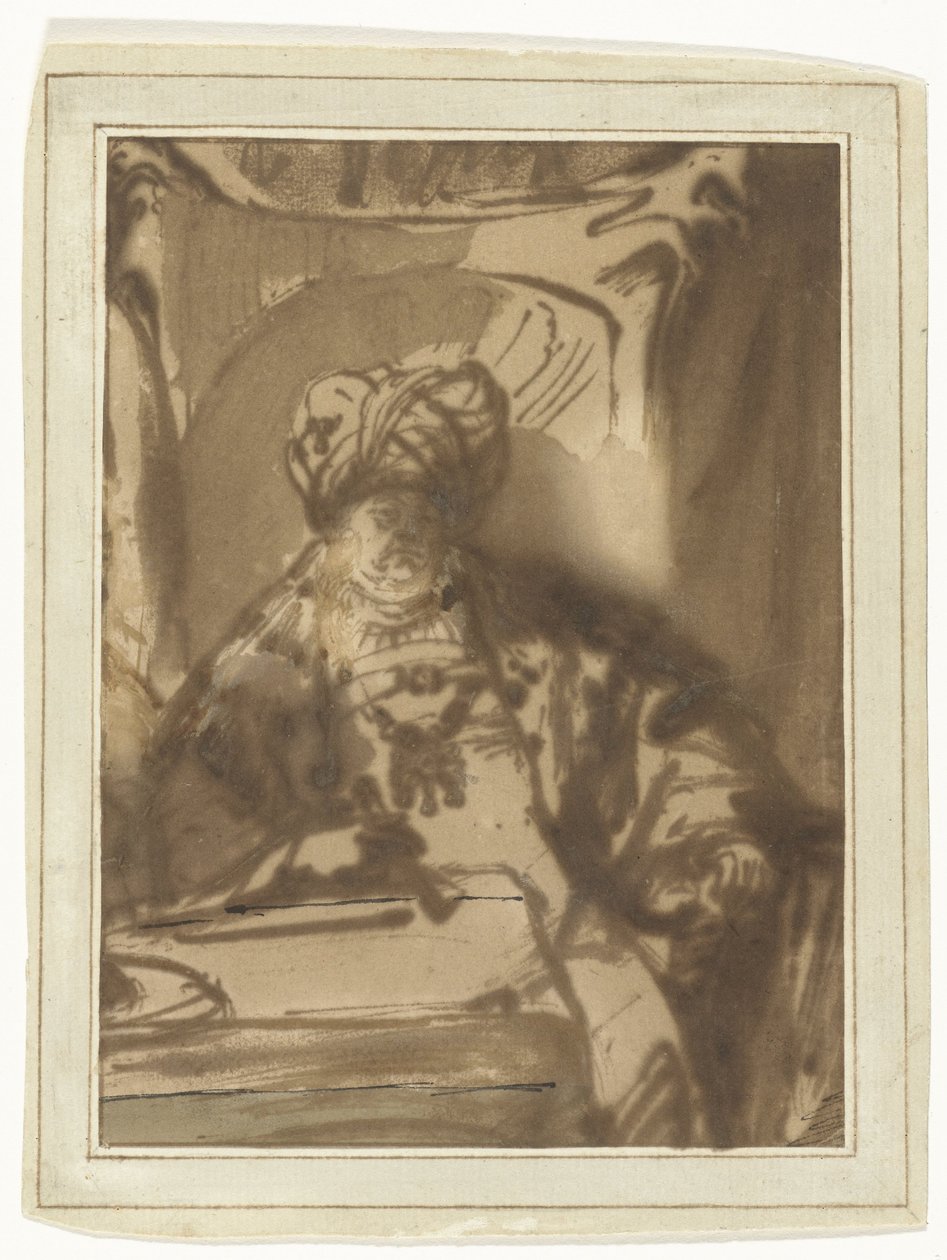 Aktor Willem Bartholsz Ruyter w roli króla Ahaswerusa na tronie autorstwa Rembrandt van Rijn