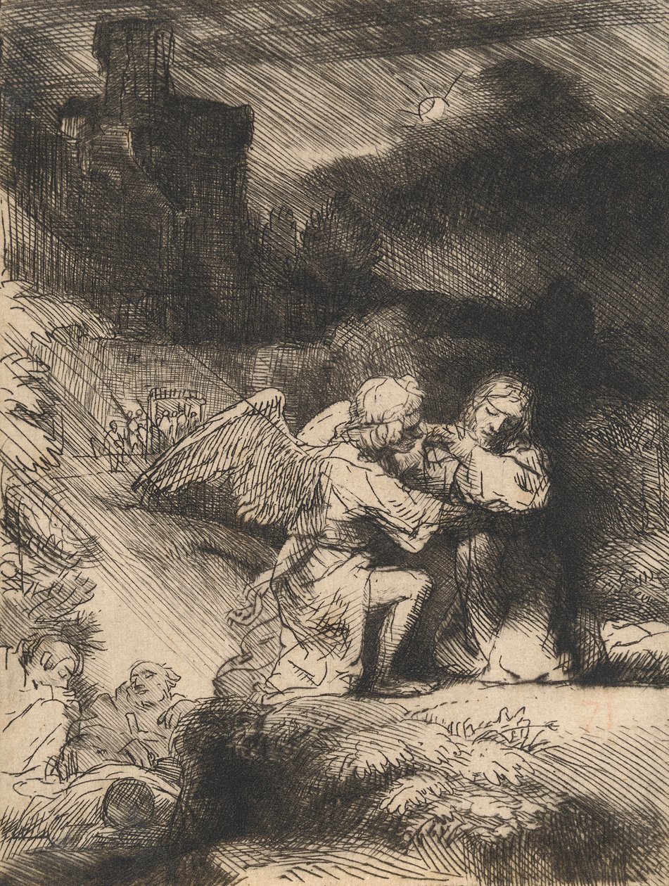 Agonia w ogrodzie, ok. 1657 (akwaforta i sucha igła) autorstwa Rembrandt van Rijn