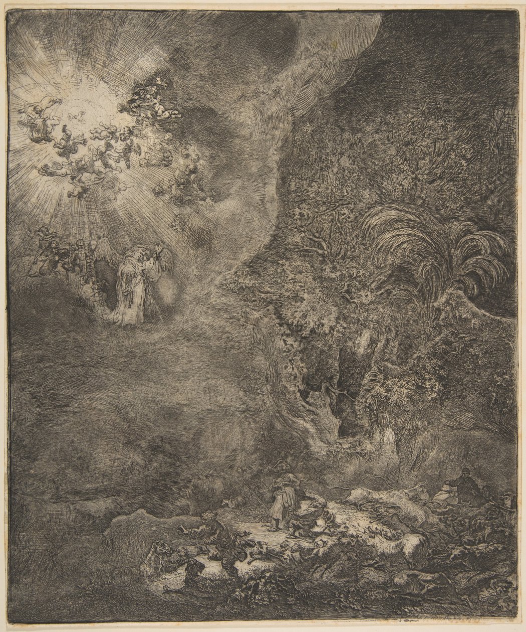 Anioł ukazujący się pasterzom. autorstwa Rembrandt van Rijn