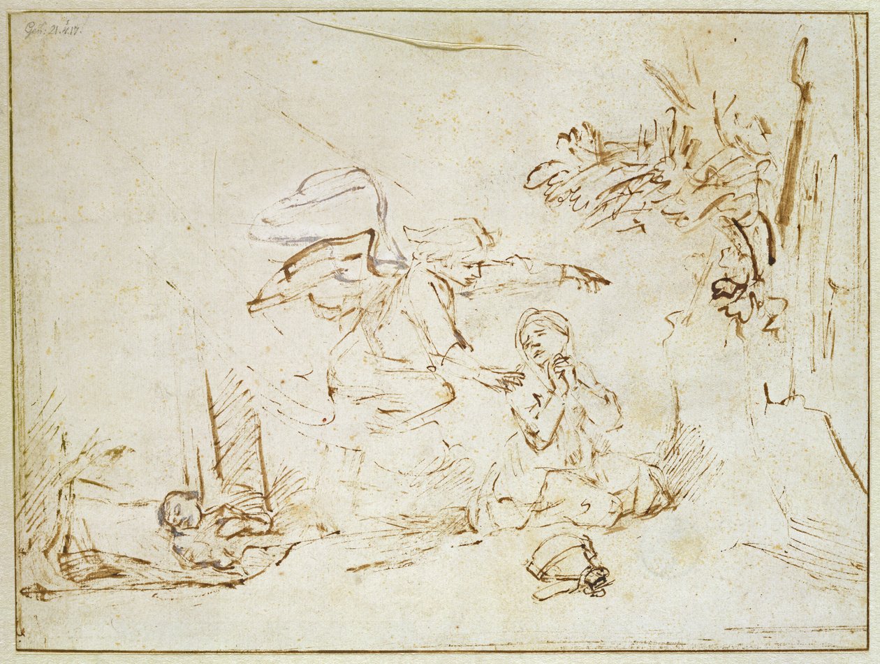Anioł ukazuje się Hagar i Ismaelowi na pustyni (pióro i brązowy tusz z kolorem ciała na papierze) autorstwa Rembrandt van Rijn