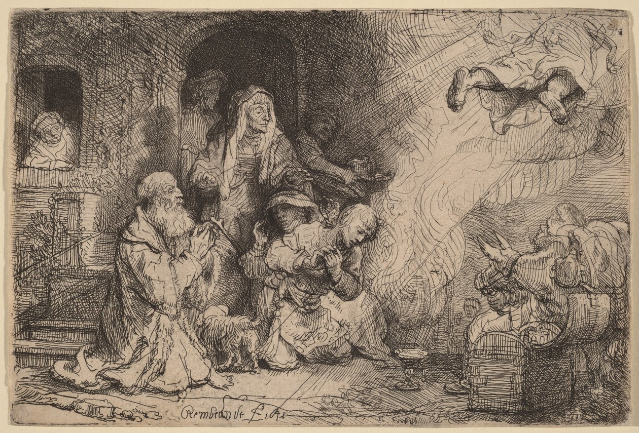 Anioł opuszczający rodzinę Tobiasza autorstwa Rembrandt van Rijn