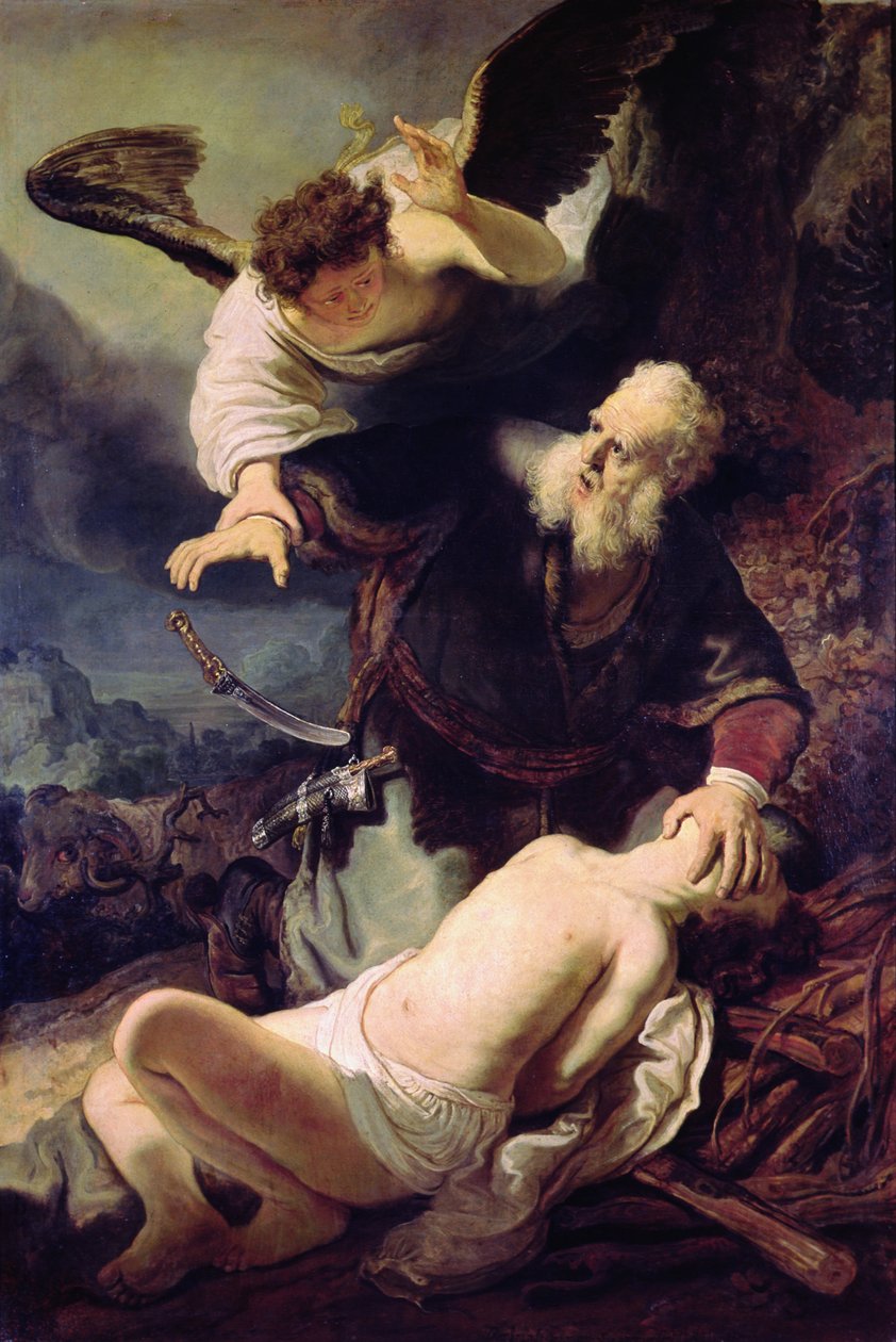 Anioł powstrzymujący Abrahama przed złożeniem w ofierze Izaaka, 1636 autorstwa Rembrandt van Rijn