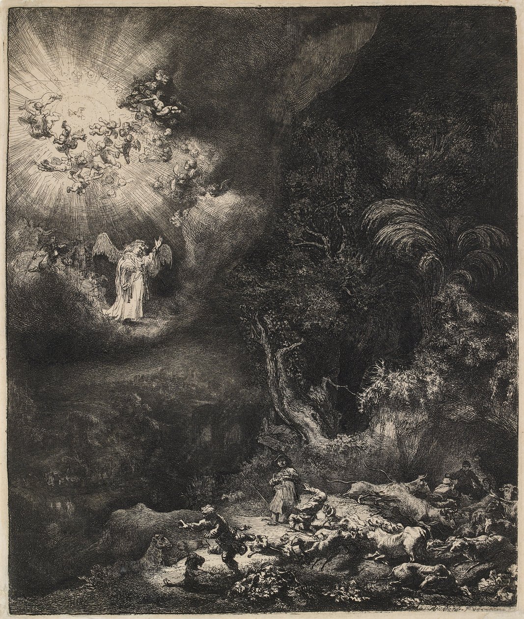 Anioł ukazujący się pasterzom, 1634. autorstwa Rembrandt van Rijn