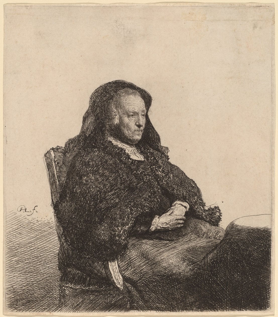 Matka artysty siedząca przy stole, patrząca w prawo autorstwa Rembrandt van Rijn