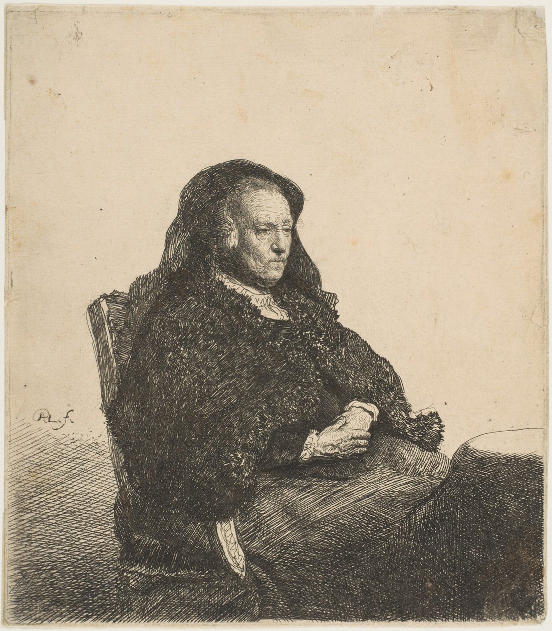 Matka artystów siedząca przy stole patrząc w prawo: długość trzech czwartych, ca. 1631. autorstwa Rembrandt van Rijn