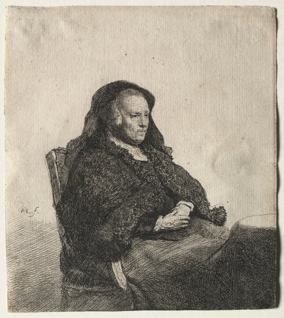Matka artysty siedząca przy stole, patrząca w prawo: długość trzech czwartych autorstwa Rembrandt van Rijn