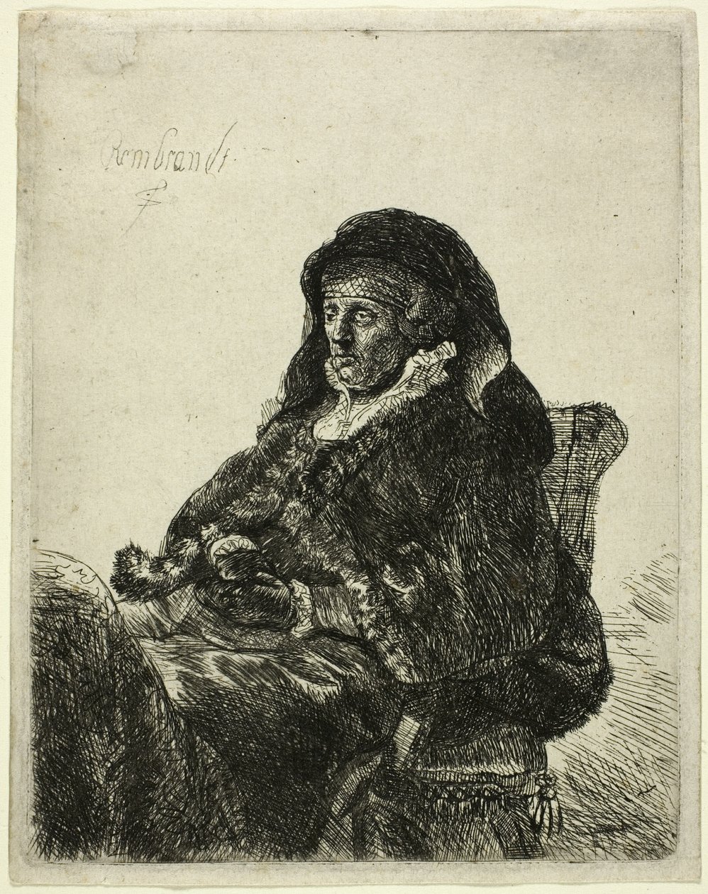 Matka artysty siedząca przy stole i patrząca w prawo: Trzy czwarte długości autorstwa Rembrandt van Rijn